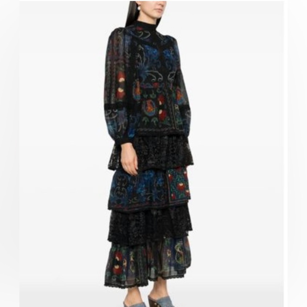 NWT FARM Rio Long Sleeve Arabesque Scarves Navy Blue Maxi Dress Sz XL - Picture 2 of 9